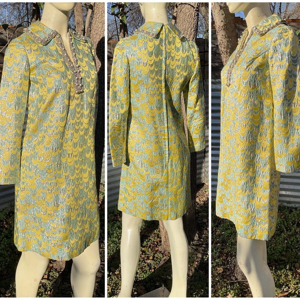Vintage 60s Mod GoGo Beaded Metallic Silk Brocade Twiggy Dress Size Small - Picture 3 of 8